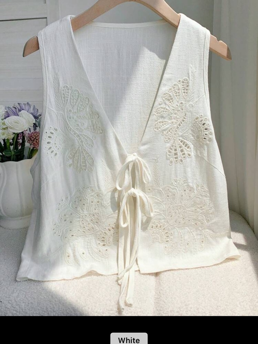 SHEIN White Embroidered Tie-Front Tank Top